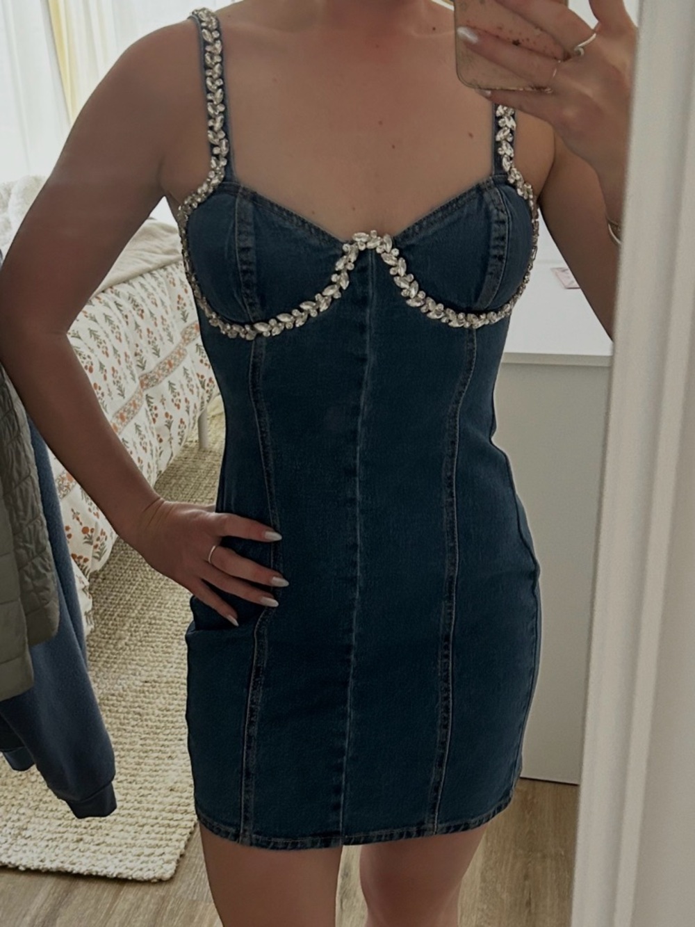 Hand embellished denim mini dress Size Small